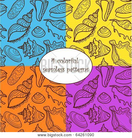 Set of colorful seamless patterns with seashells