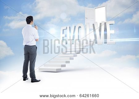 The word evolve and businessman holding glasses against steps leading to open door in the sky