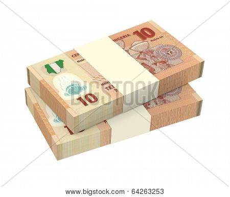 Nigerian nairas isolated on white background. Computer generated 3D photo rendering.