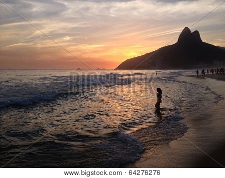 Woman On Beach Ipanema Leblon Sunset Rio De Janeiro