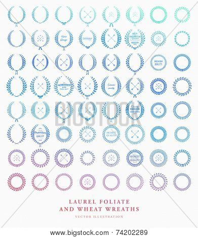 Set of Retro Silhouette Circular Laurel Foliate and Wheat Wreaths for Award Achievement Heraldry Nobility. Good for Guarantee and Quality Labels and Cards. Arrows, Bows and Vintage Labels. Color Ver.