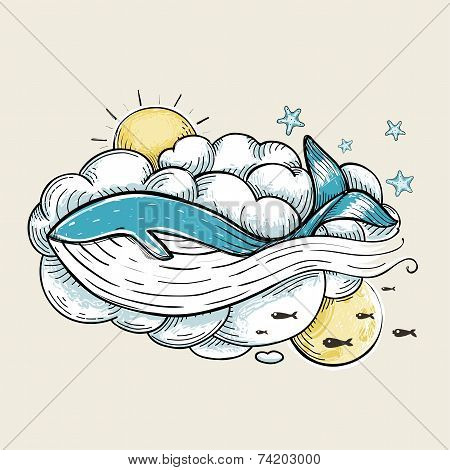 Romantic Whale Swimming in Clouds Retro Design