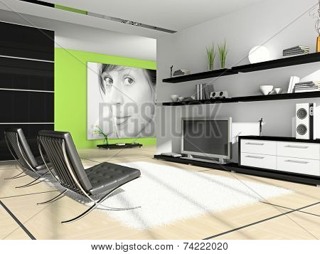 Home interior 3D rendering. Photo on wall was made by me, I uploaded model's release