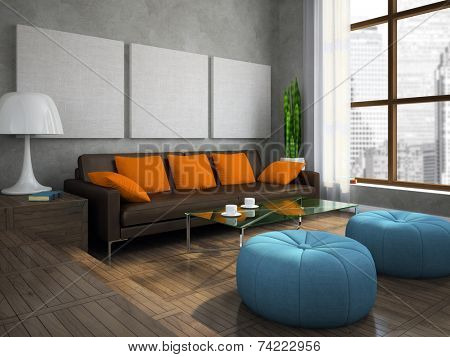 Part of the modern living-room with blue ottomans 3D rendering