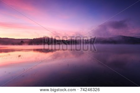 Fog at dawn over Lake Solina in the Bieszczady