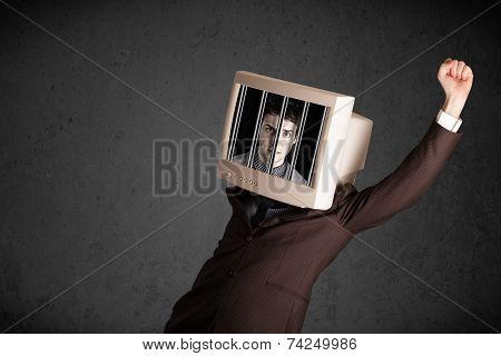 Business man with monitor screen on his head traped into a digital system concept