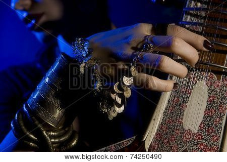 Beautiful Young Indian Woman In Traditional Clothing With Oriental Jewelry Playing The Sitar