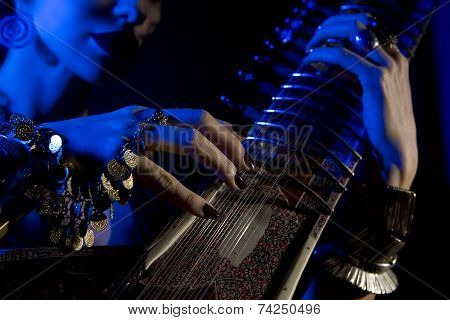 Beautiful Young Indian Woman In Traditional Clothing With Oriental Jewelry Playing The Sitar