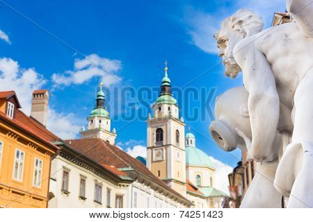 Robba fountain in the center of Ljubljana, Slovenia.