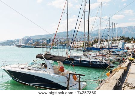 Boats Along On Waterfront In Yalta City