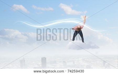 Young guy in casual evading from light rays