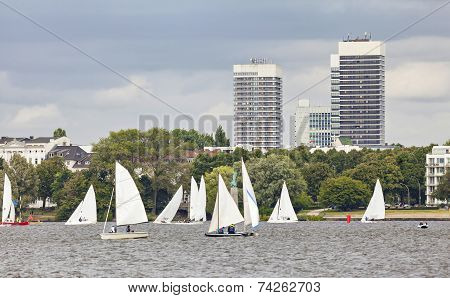 Sailing Boats On The Outer Alster Lake (aussenalster) In Hamburg