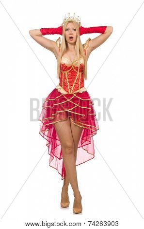 Queen in red dress isolated on white