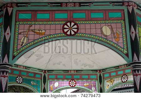 musical instruments on stained glass in Yogyakarta Sultanate Palace