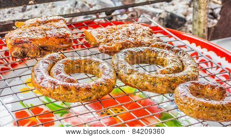 Sai Aua And Grilled Pork (northern Thai Spicy Sausage ) ,chiang Mai , Thailand