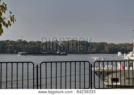 Ship pass along the Ruse port at Danube river