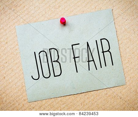 Recycled Paper Note Pinned On Cork Board.job Fair Message. Business Concept Image
