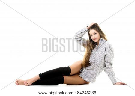 Smiling Gorgeous Model In Shirt And Spats