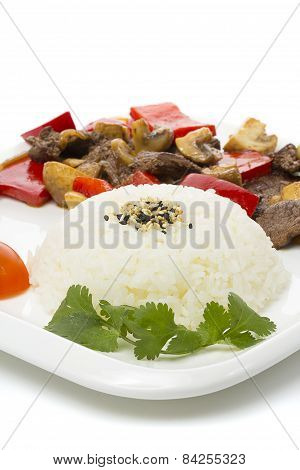 Japanese Cuisine - Rice With  Meat And Mushrooms And Vegetables