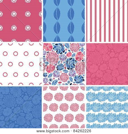 Vector mosaic flowers set of nine matching colorful repeat patterns backgrounds
