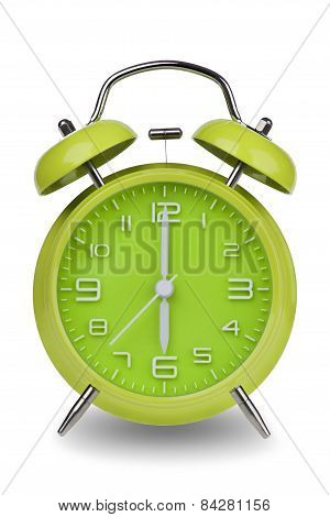 Green Alarm Clock With Hands At 6 Am Or Pm