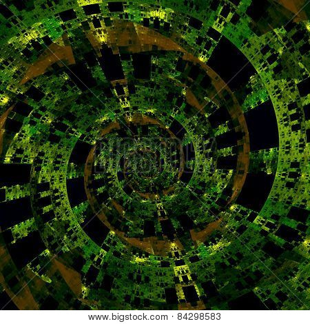 Beautiful strange digital spiral. Abstract fractal art. Green black background illustration.