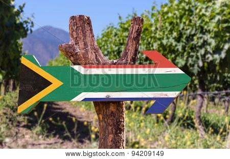 South Africa Flag wooden sign with vineyard background