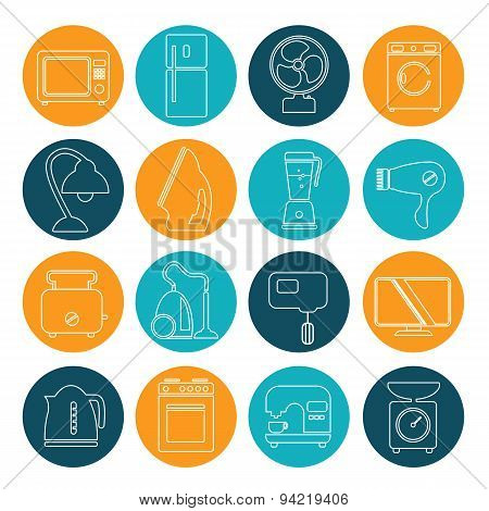 Set Of Household Appliances Contour Icons On Colorful Round Web Buttons With A Washing Machine Stove