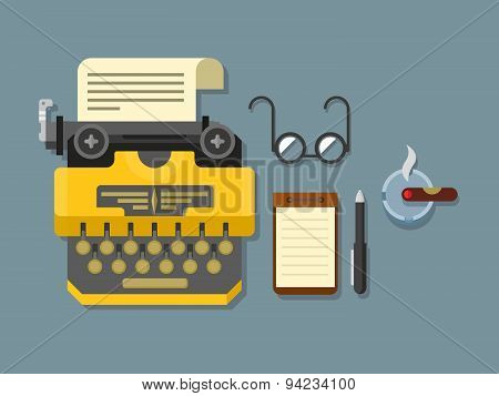 Typewriter with Sheet of Paper, Glasses, Notepad, Cigar and Pen on Surface in Flat Style.