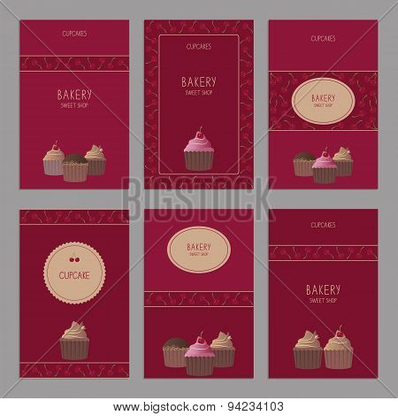 Set of beautiful vector cards templates. Cute cards with cupcakes.