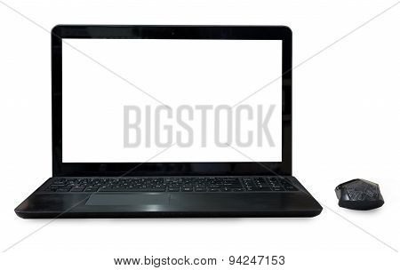 Black Labtop With Mouse Bluetooth Isolated White Background.