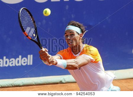 BARCELONA - APRIL, 23: Spanish tennis player Rafa Nadal in action during a match of Barcelona tennis tournament Conde de Godo on April 23 2015 in Barcelona