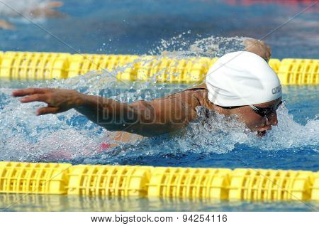 BARCELONA - JUN, 10: Hungarian swimmer Katinka Hosszu swimming butterfly during the Trophy Ciutat de Barcelona in Sant Andreu Club, June 10, 2015 in Barcelona, Spain