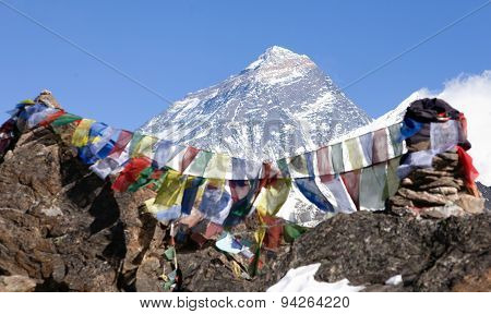 View Of Mount Everest With Buddhist Prayer Flags
