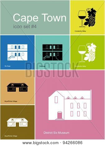 Landmarks of Cape Town. Set of color icons in Metro style. Raster illustration.