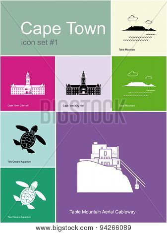 Landmarks of Cape Town. Set of color icons in Metro style. Raster illustration.