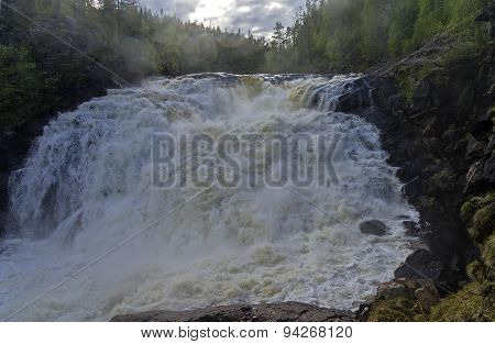 General View Of The Big Yaniskengas Waterfall. Murmansk Region, Russia.