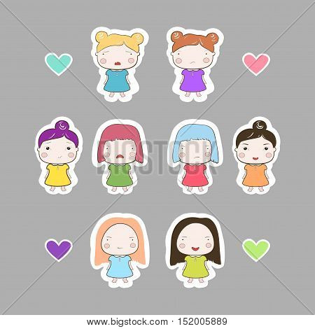 Cartoon Style Cutout Baby Girls Set on Grey Background