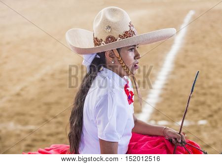 GUADALAJARA MEXICO - SEP 01 : Charra participates at the 23rd International Mariachi & Charros festival in Guadalajara Mexico on September 01 2016.