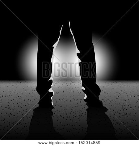 illustration of male silhouette legs standing in front of lights in the darkness