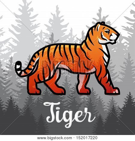 Double exposure Bengal Tiger in forest poster design. vector illustration on foggy background