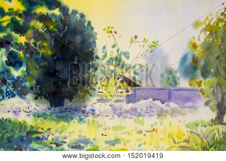 Watercolor painting original landscape colorful of sunrise with big tree in the garden and emotion with sky background