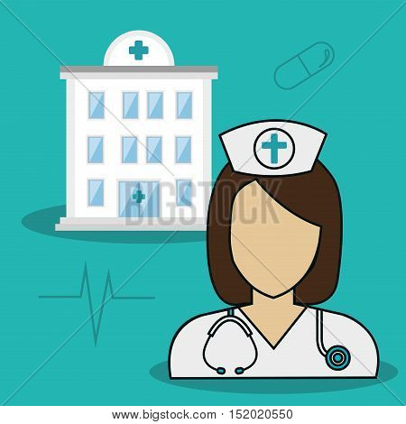avatar woman nurse and medical hospital center building with medicine icons over blue background. vector illiustration