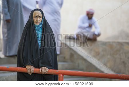 Nizwa Oman October 13th 2016: Old Omani lady at the market