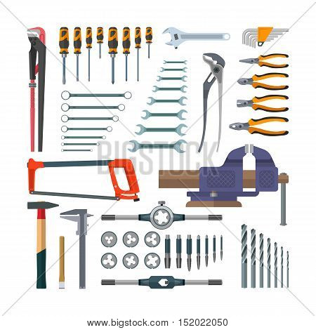 Vector set of working tools in flat style. Design elements and icons isolated on white background. Construction and home repair. Tap holder and screw threading die.