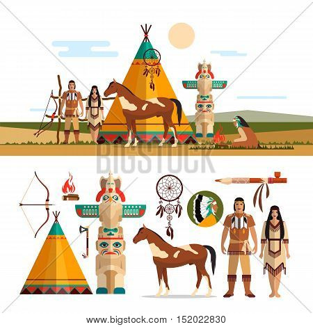 Vector set of American indian tribal objects, icons and design elements in flat style. Male and female indian, totem and fire place.