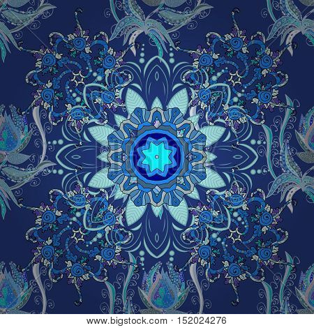 Blue lace. Round lace pattern on an doodles background. Vector.