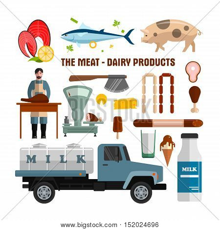 Meat and dairy products vector objects isolated on white background. Food design elements and icons in flat style. Fish, meat, milk tank.