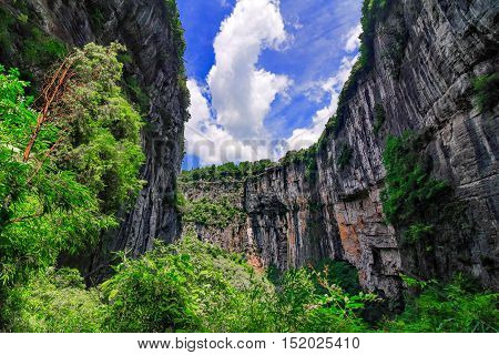 Wulong Karst limestone rock formations in Longshui Gorge Difeng, an important constituent part of the Wulong Karst World Natural Heritage. China