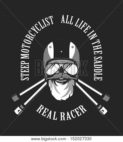 vector emblem retro motorcyclist old skull in a motorcycle helmet on a gray black white
